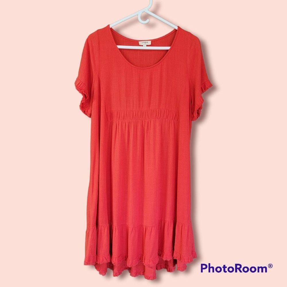 𝅺umgee RED ORANGE LINEN RAW EDGE MIDI DRESS L
